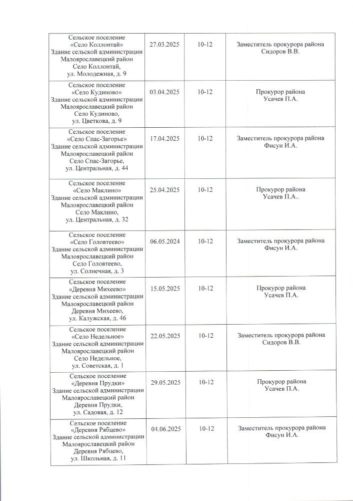 План-график выездов работников прокуратуры Малоярославецкого района в поселения Малоярославецкого района для осуществления приема граждан в 1 полугодии 2025 года