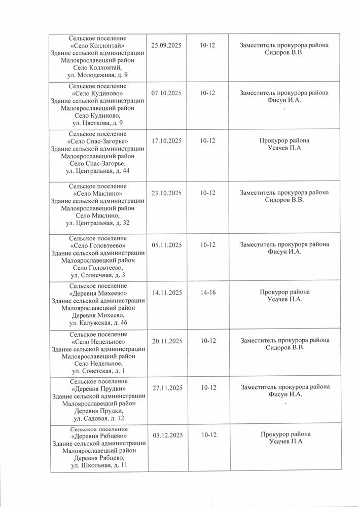 План-график выездов работников прокуратуры Малоярославецкого района в поселения Малоярославецкого района для осуществления приема граждан во 2 полугодии 2025